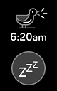 Capture d'écran d'une alarme définie à 6 h 20 avec une illustration d'un oiseau qui chante et un bouton répétition d'alarme au-dessous